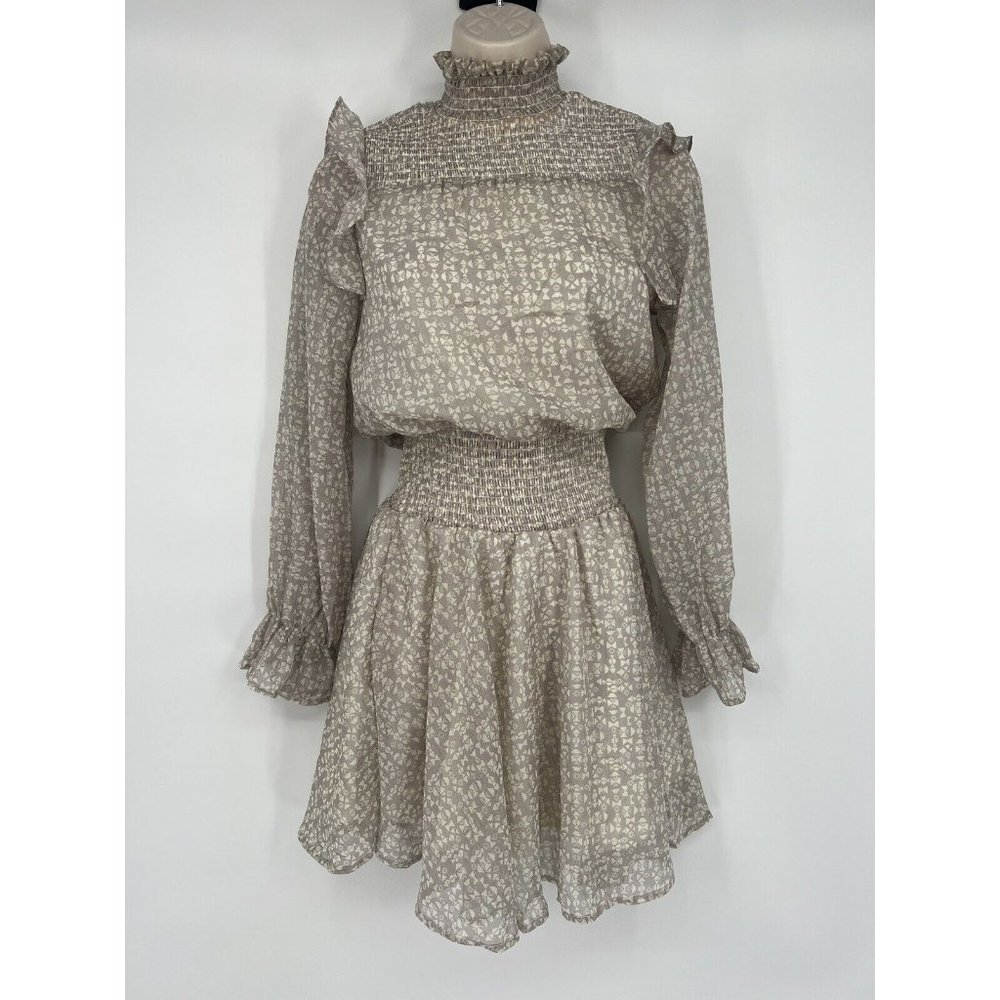 Women’s BTFL Life Smocked Ruffled Long Sleeve Dress Cream & Gold XS
